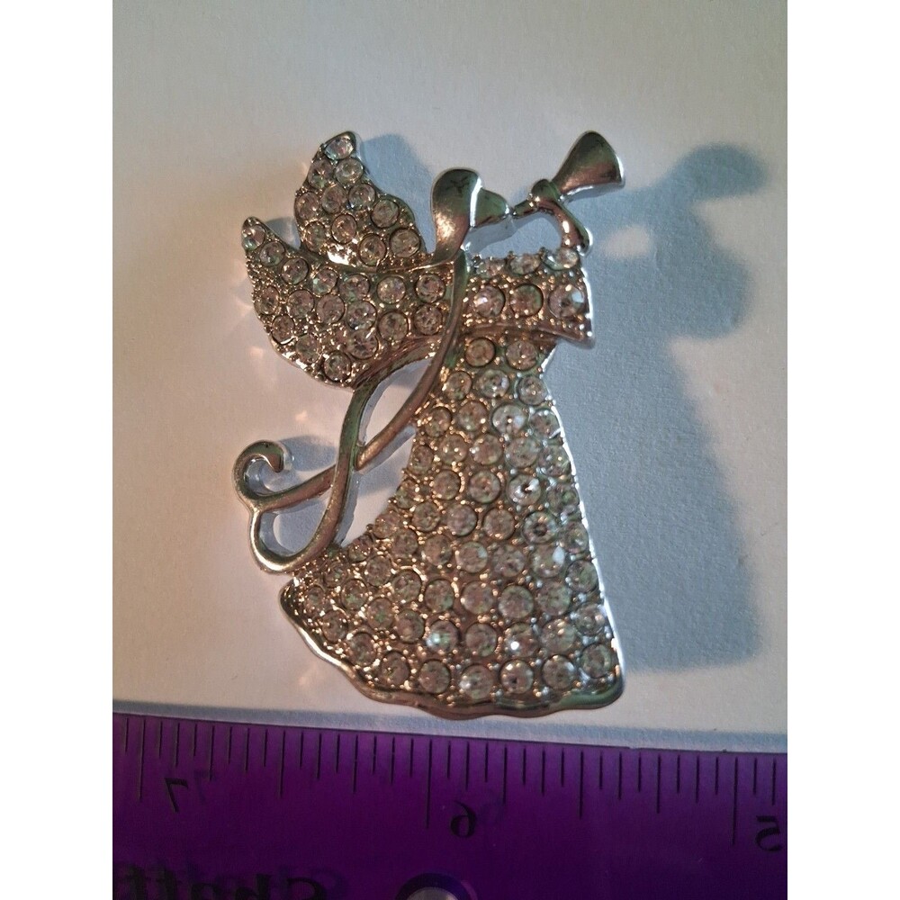 Vintage MONET Silver Color Encrusted Rhinestones Angel Playing Horn Brooch Pin!